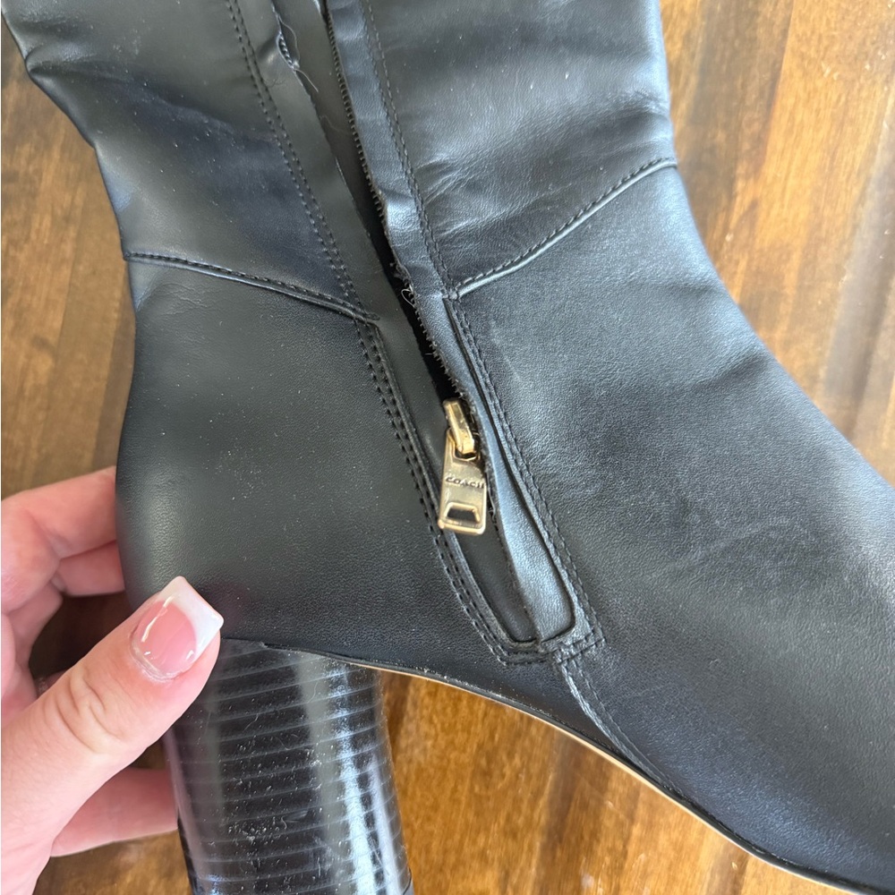 Coach Black Knee-High Heeled Boots with Gold Accent - Picture 3 of 6